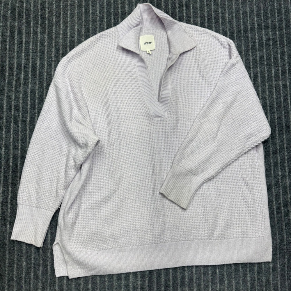 Aerie Womens Waffle Knit V-Neck Pullover Sweater XL Lavender Purple Oversized